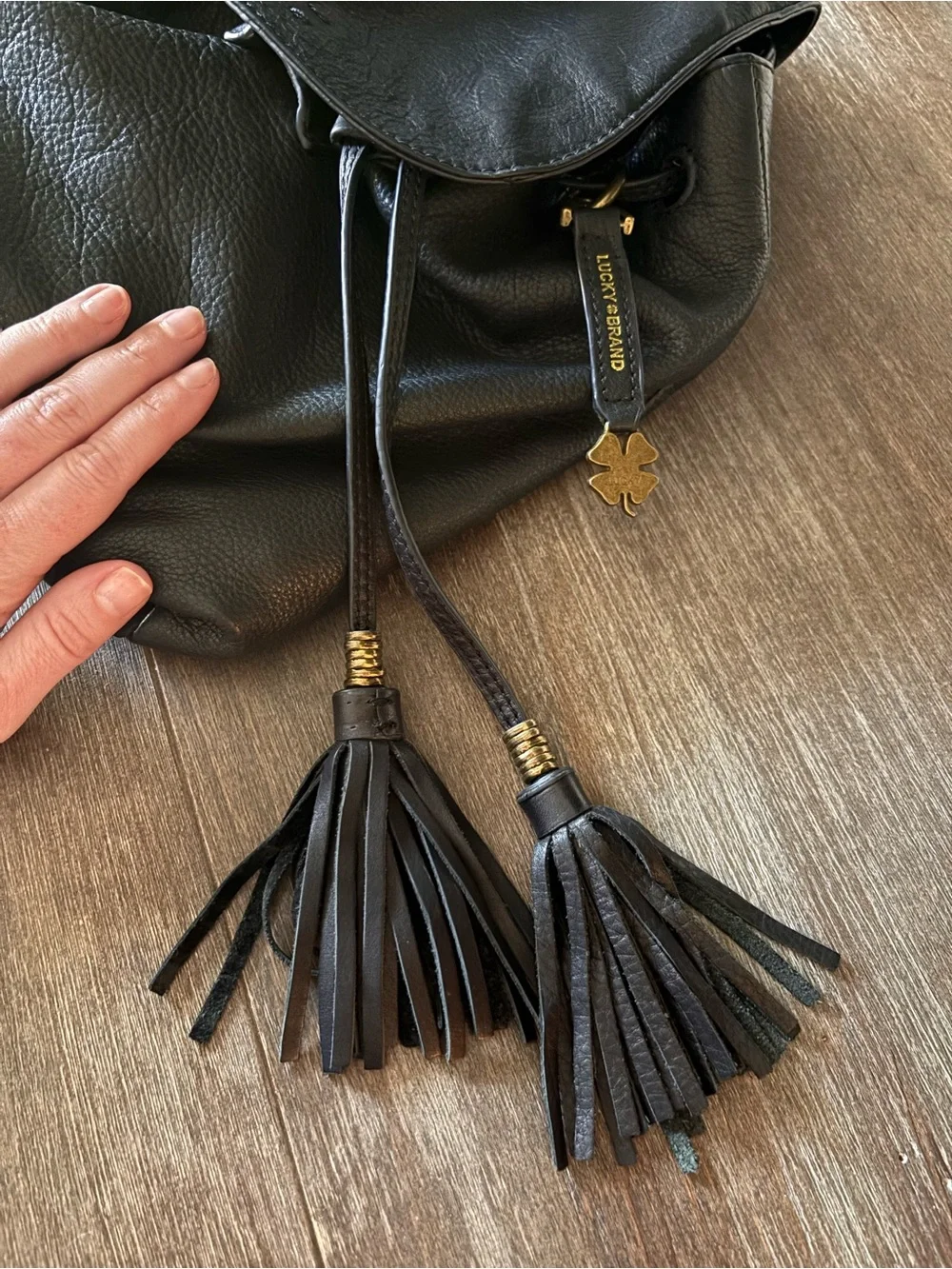 Vintage Super Soft Black Leather Lucky Brand Women’s Backpack with Tassel Accent
